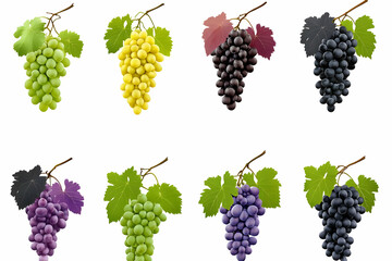 Eight Bunches of Colorful Grapes Hang Beautifully with Green Leaves on a White Background