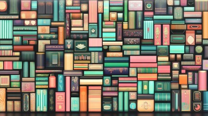 Obraz premium Colorful Bookshelf Mosaic A Diverse Collection of Volumes
