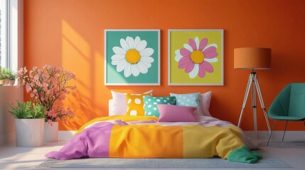 Sunny Daisy Bedroom: A vibrant and cheerful bedroom features a bed with a colorful patchwork quilt, complemented by daisy artwork and a bright orange wall.  The room is filled with natural light.