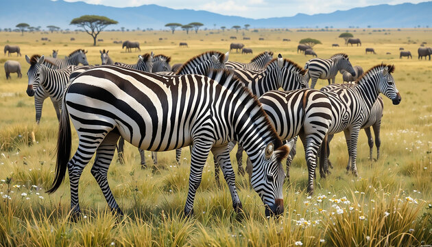 A herd of wild zebras with black and white stripes grazes on the green grass of the savanna in Kenya