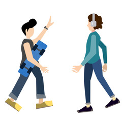 Illustration of teenager holding skateboard wearing headphones isolated on white background. Vector illustration.
