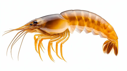 Translucent Golden Shrimp Displays Intricate Anatomy on White Background