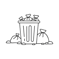 Trash can overflowing with trash bags Hand drawn line art vector illustration.