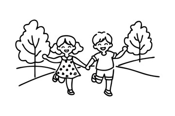 Toddler girl and boy running hand in hand Hand drawn line art vector illustration.