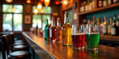 Wooden bar with colorful glasses and bottles on a table in a blurred Mexican restaurant background , wood furniture, bottles