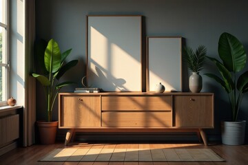 Wooden cabinet with decorative items on a wooden floor in a dimly lit living room, living room, wooden floor