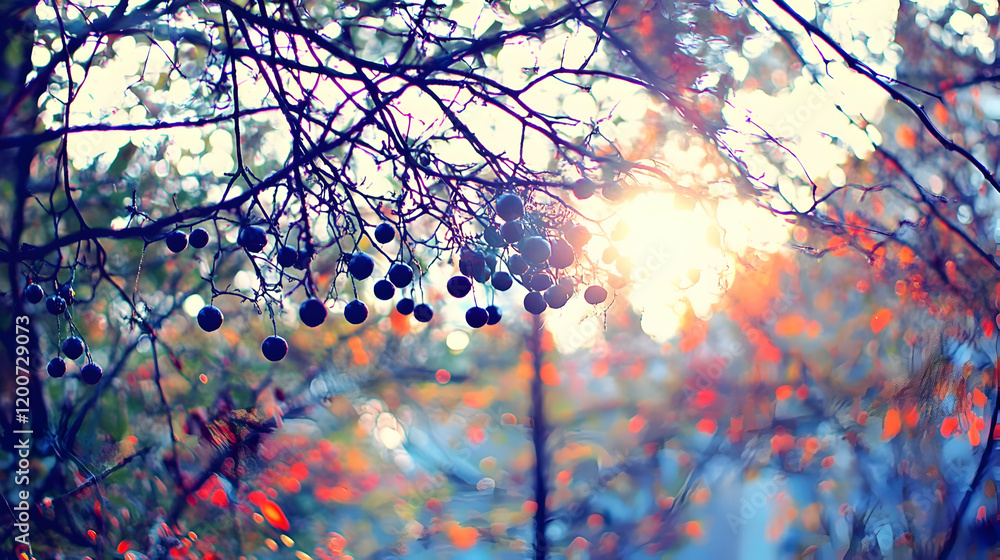 Poster Dark Berries Hang from Branches in Soft Sunlight with Abstract Background Blur Effect