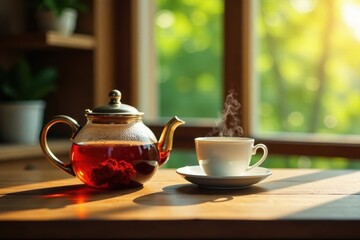 Fototapeta premium Wooden table with teapot kettle and matching cup, wooden, warm glow