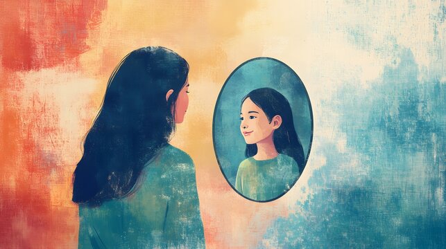 Woman Gazing at Her Younger Self in a Mirror