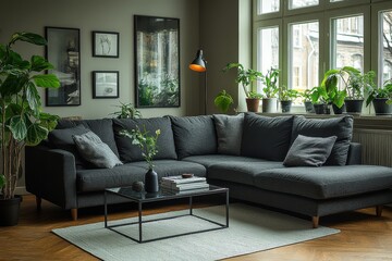 L-shaped sofa with dark gray fabric and wooden legs in a Nordic-style living room, featuring a black metal and glass coffee table, home decor items, and a floor lamp for reading.