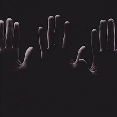 Three Hands Reach Out from Darkness, Illuminated by Unseen Light Source in Dramatic Chiaroscuro Style