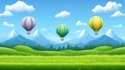 Naklejka premium Three vibrant hot air balloons soar over a picturesque mountain landscape