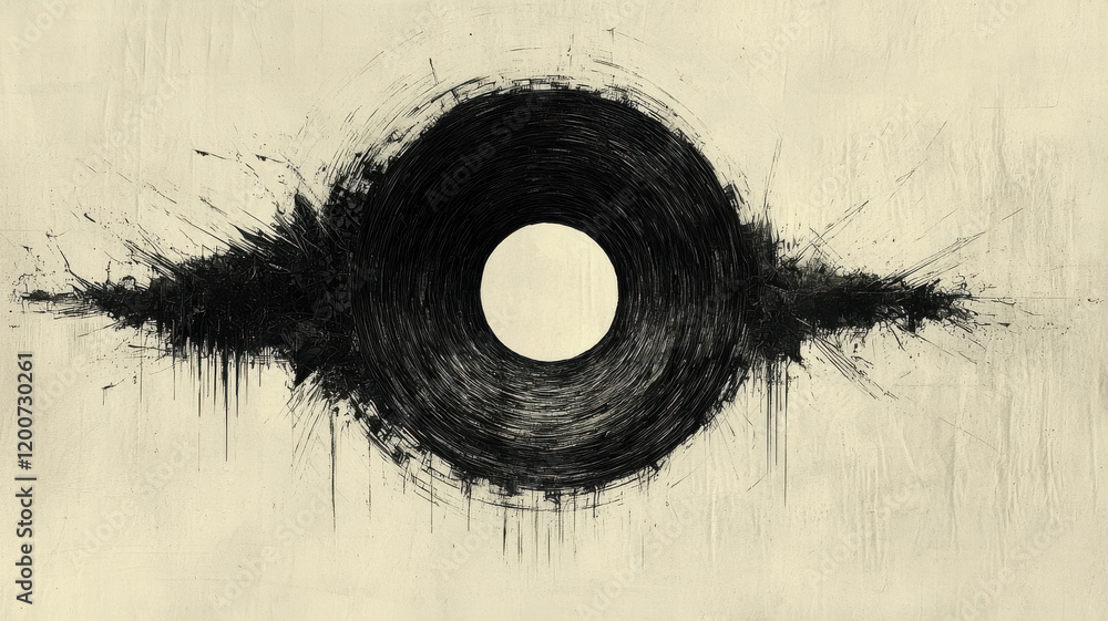Poster single black circle surrounded by abstract textures and patterns evokes intrigue