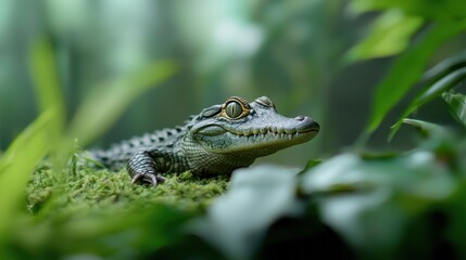Obraz premium Baby Crocodile Resting on Riverbank Surrounded by Lush Greenery in a Serene Natural Habitat