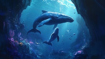 Fototapeta premium Majestic Scene of a Mother Whale Swimming Gracefully with Her Calf in a Vibrant Underwater Landscape