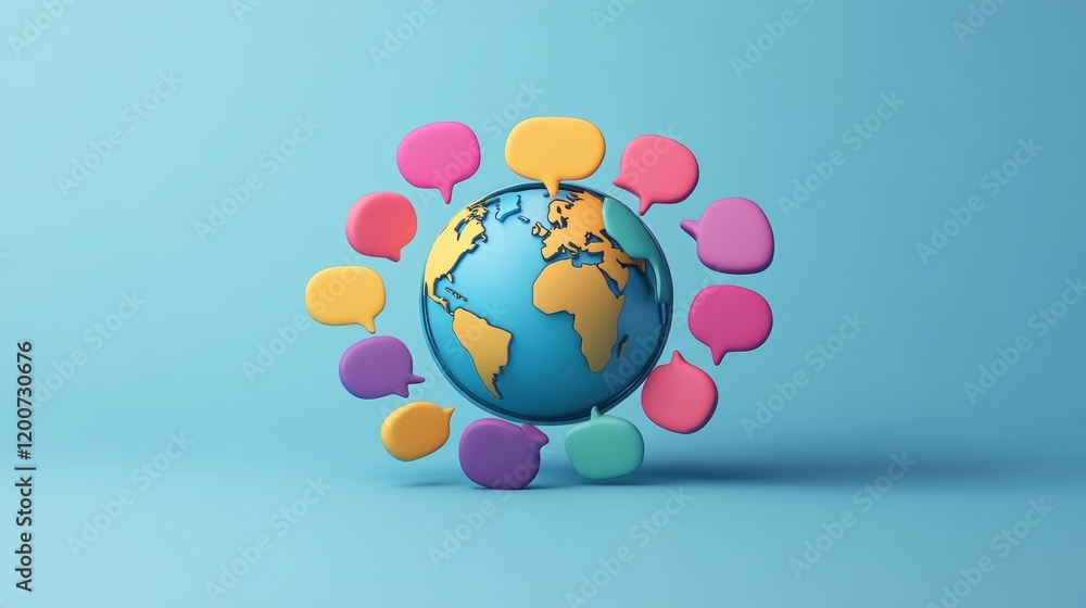 Poster global communication: a 3d render of earth surrounded by colorful speech bubbles, symbolizing worldw