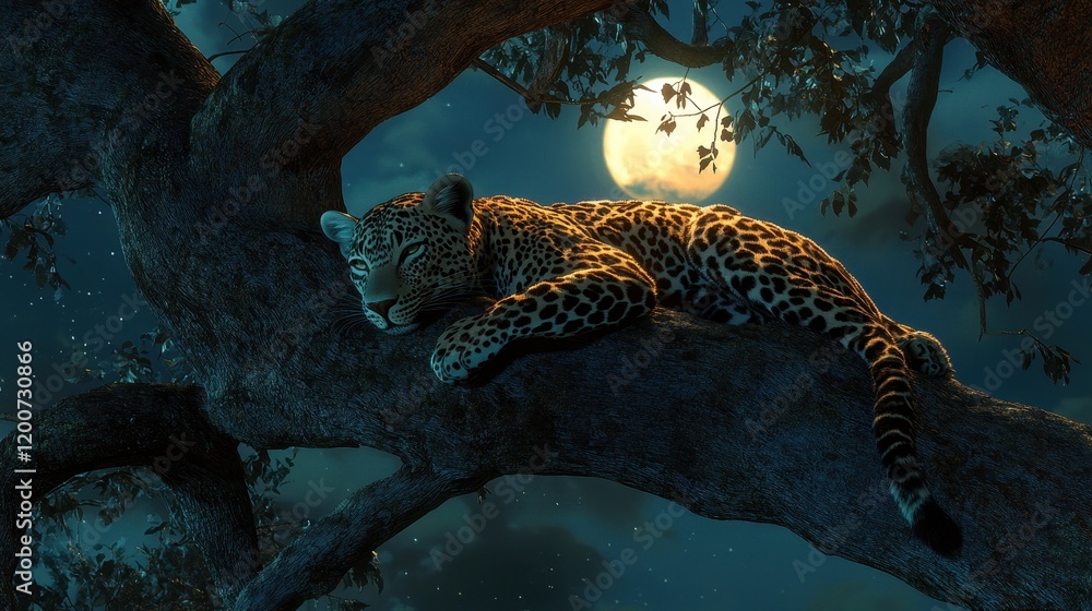 Poster relaxing nighttime scene featuring a leopard lounging on a tree branch under the moonlight