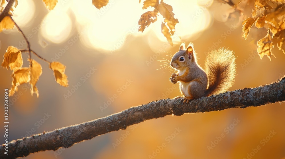 Poster charming squirrel perched on tree branch surrounded by golden autumn leaves enjoying nuts in soft na