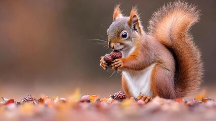 Obraz premium Red squirrel eating pine cones in autumn forest