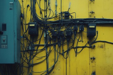 Industrial wires intertwined on yellow background urban setting detailed content industrial environment close-up view concept of connectivity and complexity