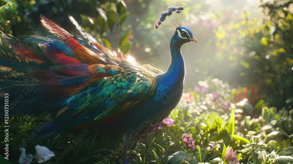 Poster close-up of a striking peacock displaying its colorful feathers in a vibrant natural setting