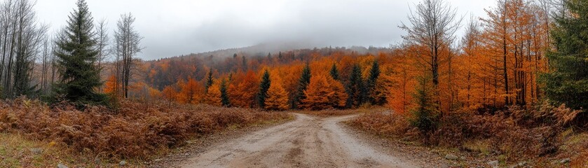 Fototapeta premium Autumnal forest road fork, misty mountains. Nature wallpaper