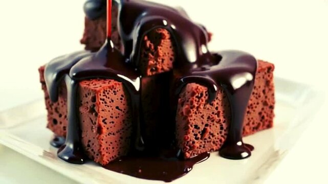 cake Doused in Syrup  
   4K video Pieces of chocolate cake on a small plate are doused with thick chocolate syrup. The camera focuses on the syrup droplets that fall slowly and spread across 