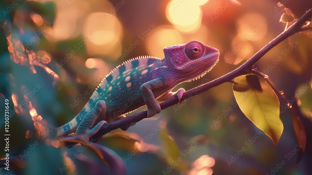 Poster dynamic chameleon captured in a stunning display of color change against a beautiful sunset backgrou