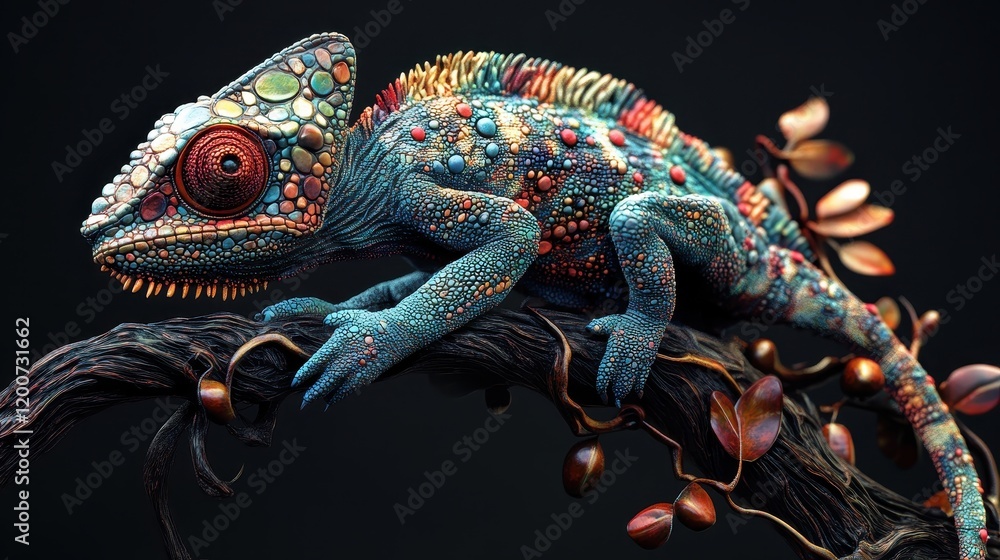 Poster dynamic chameleon capturing a range of vibrant colors against a dark background
