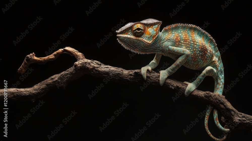 Poster dynamic chameleon capturing color changes against dark background in natural habitat