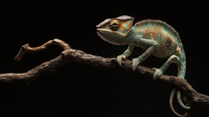 Fototapeta premium Dynamic Chameleon Capturing Color Changes Against Dark Background in Natural Habitat