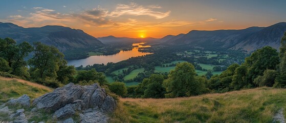 Hilltop Sunset Over Lake and Valley