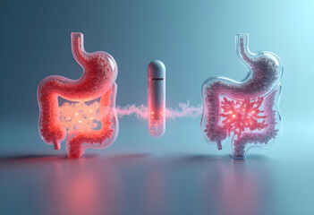 A sleek 3D model of fecal microbiota transplantation (FMT) showing glowing microbiota flowing between a donor and recipient via a futuristic capsule, set on a gradient background.