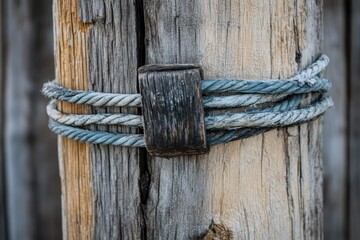 Rustic telephone wire wrapped around wooden post urban setting close-up photograph natural textures ground level viewpoint industrial concept