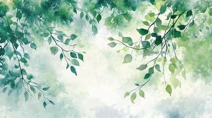 Abstract Watercolor Background with Green Leaves and Soft Lines