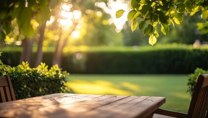Naklejka premium Sunlit wooden table in a tranquil garden.