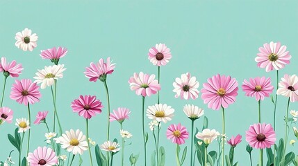 Seamless Vector Design of Garden Flowers on Mint Green Background