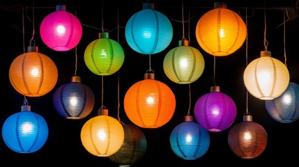 Fototapeta premium Colorful Hanging Paper Lanterns Illuminating Night (1)