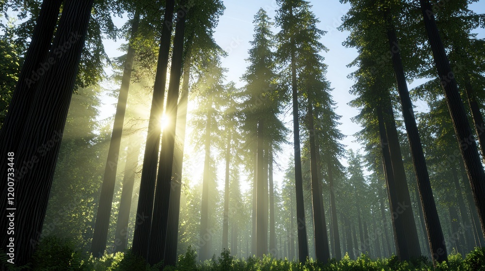 Poster sunlight filtering through tall trees in a serene forest.