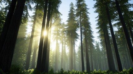Sunlight filtering through tall trees in a serene forest.