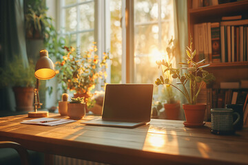 A laptop sits on a wooden desk in front of a window