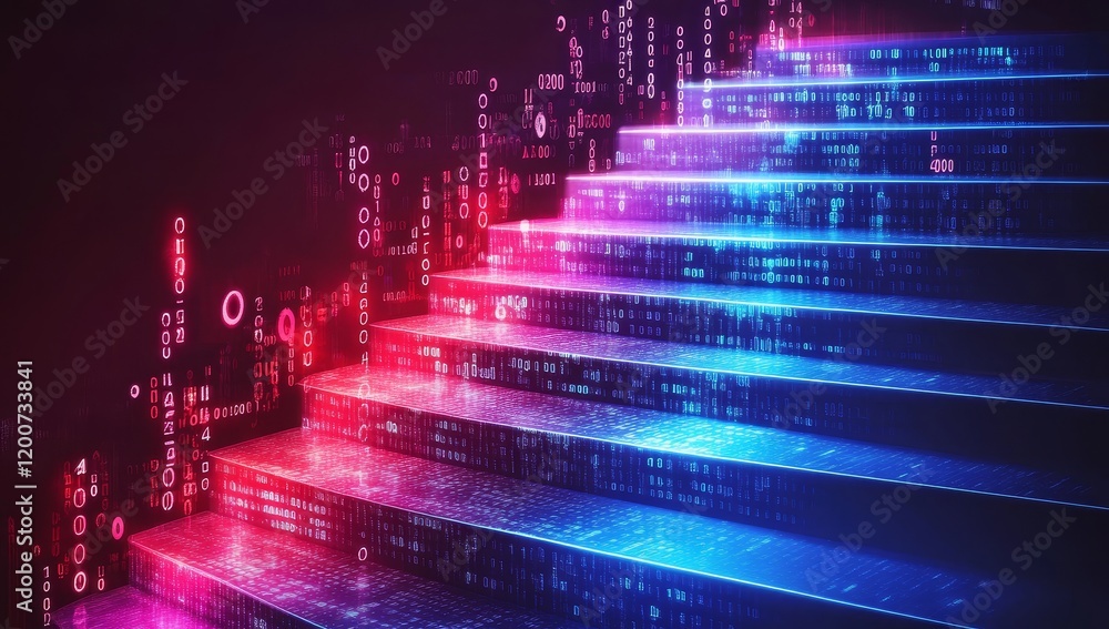 Leinwandbilder Glowing digital staircase ascending into binary code.