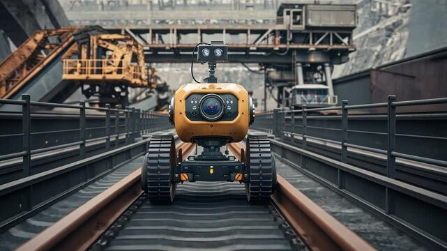 Inspection Robot on Rails: A robust, tracked inspection robot with a high-resolution camera navigates a heavy industrial environment, showcasing technological advancement in infrastructure monitoring.