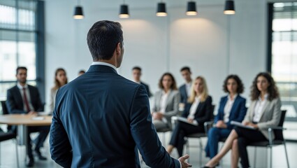 Confident businessman giving a presentation in front of crowd in meeting conference seminar room. Leadership authority teamwork in business concept