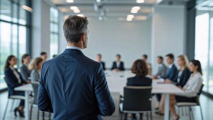 Confident businessman giving a presentation in front of crowd in meeting conference seminar room. Leadership authority teamwork in business concept