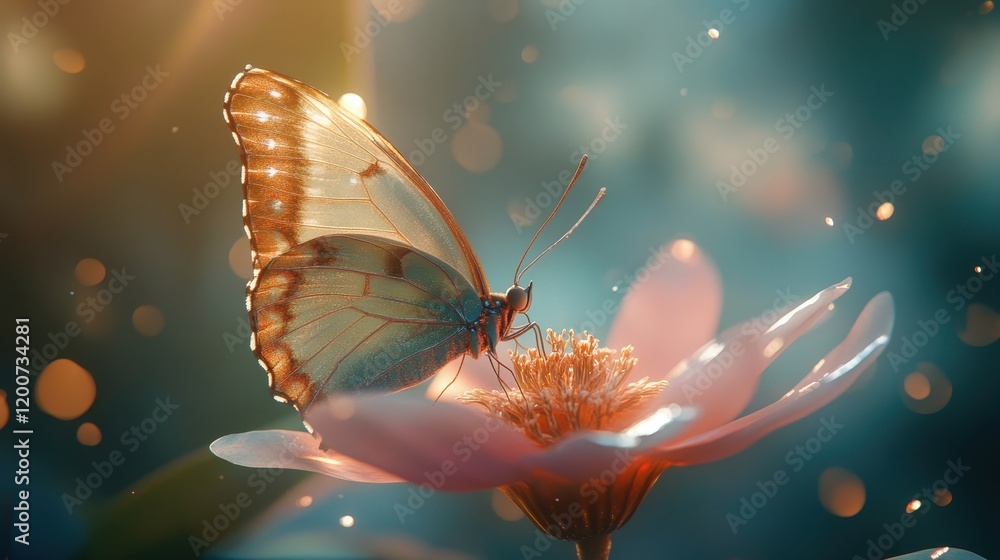 Poster stunning close-up of a butterfly delicately resting on a flower with soft focus background and gentl