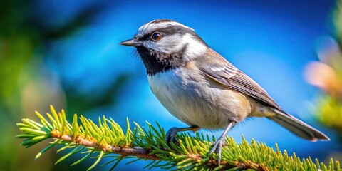 Fototapeta premium Captivating Mountain Chickadee in Natural Habitat - Vibrant Feather Details, Clear Blue Sky, and Scenic Forest Background for Stunning Product Photography
