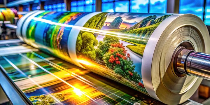 High-resolution tilt-shift image:  a detailed miniature flexographic printing press roll, inked and ready to print.