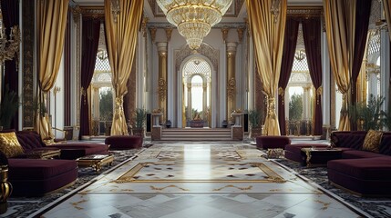 Obraz premium A grand opulent palace-inspired living room adorned with shimmering golden details from drapery holders
