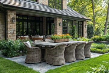 Obraz premium Outdoor dining set with gray rattan chairs and table on lush green lawn in front of house, perfect for al fresco dining